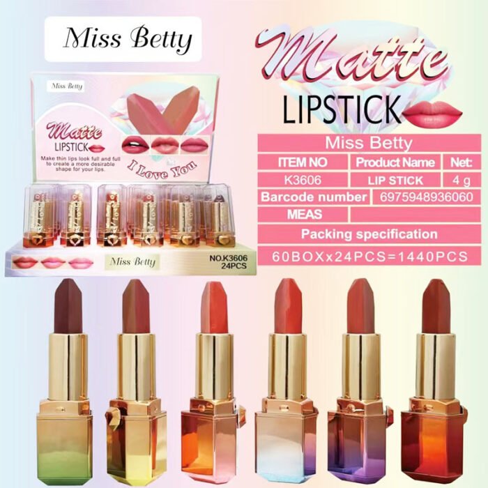 Miss Betty waterproof non-fading 6-color lipstick electroplating transparent cover matte lipstick manufacturer wholesale
